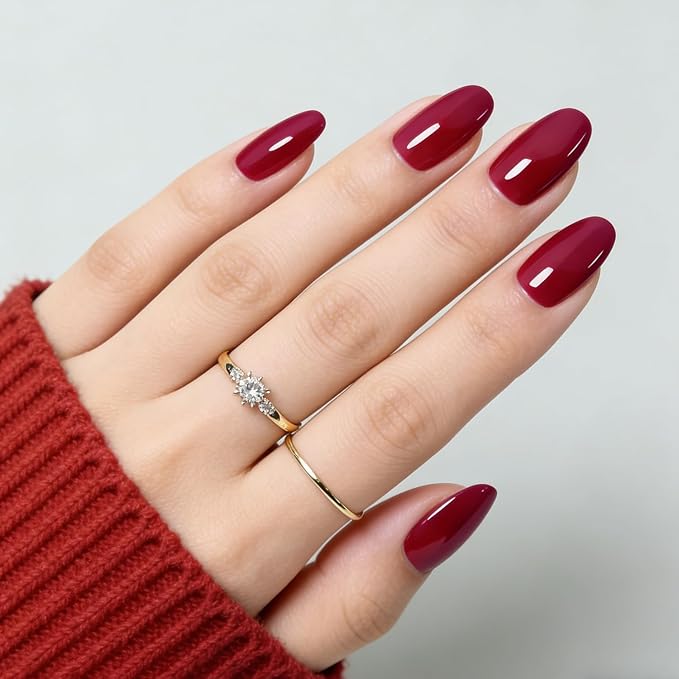 Cherry Red Press On Nails Medium Almond Handmade Soft Gel Fake Nails Burgundy, Deep Red Stick Glue on Nails Kit for Women, Reusable Acrylic False Nail Set