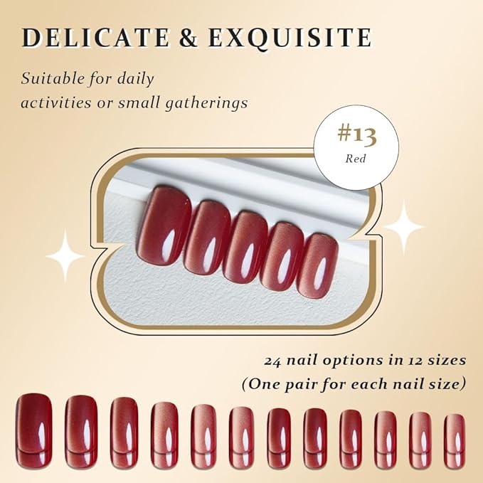 Red Cat Eye Press on Nails Medium Square, Medium Square Press Stick on Nails Chrome for Women Gift, Red Holographic Glitter Glossy Reusable Soft Gel Acrylic Fake Nail with Designs Cateye Effect