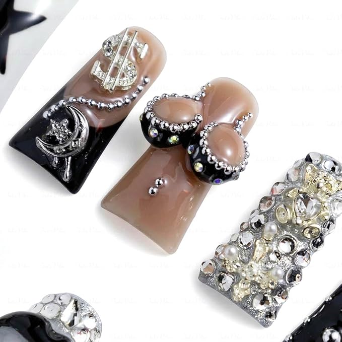 10 Pieces Luxury Acrylic Press On Nails Long Handmade Duck Nails, White And Black Thickened False Nails, Exaggerated Lips And 3D Dollar Sign, Reusable Fake Nails, Acrylic Nails (L)