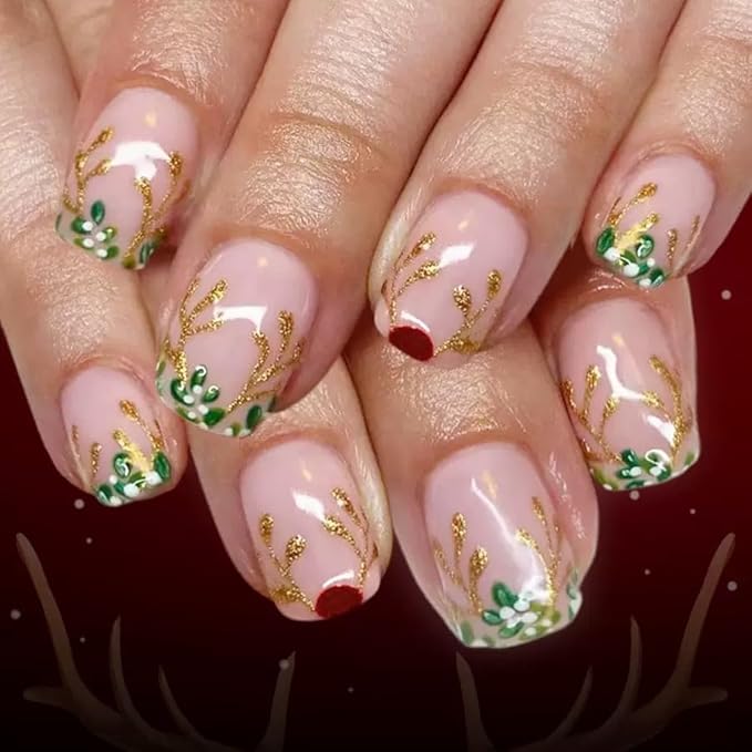 2 Packs 48Pcs Christmas Press on Nails Short Square Fake Nails Elk Antlers Acrylic Nails Christmas Glitter Designs French Ombre Nails Winter Xmas Glue on Nails Kid Set for Women Girls Decoration
