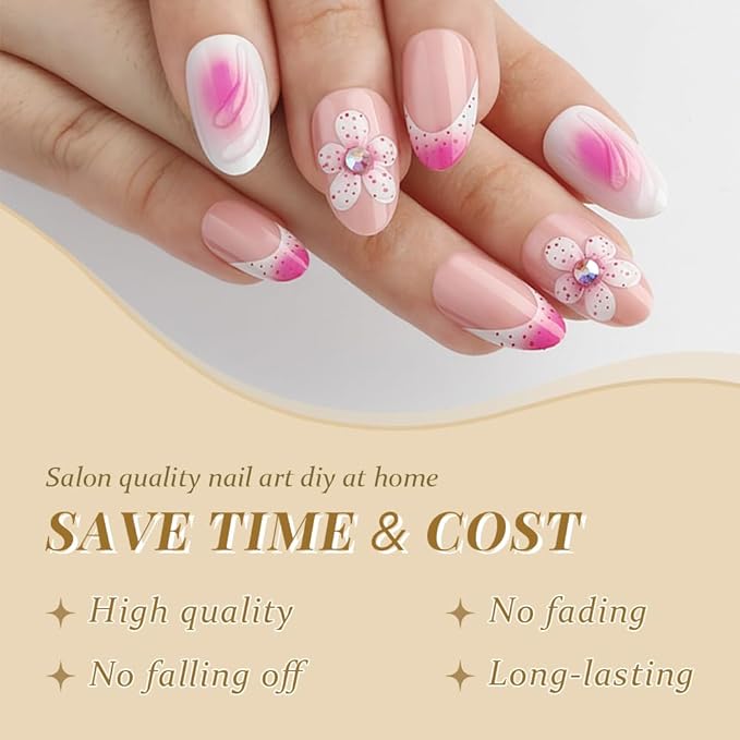 evpct 3D Flower French Tip Press on Nails Short Almond, Nude Pink White Glossy Fake Nails with Peach Flower & Rhinestones Designs, Stick on Nails with Nail Kit, 24Pcs Reusable Stick on Nail Kit Women