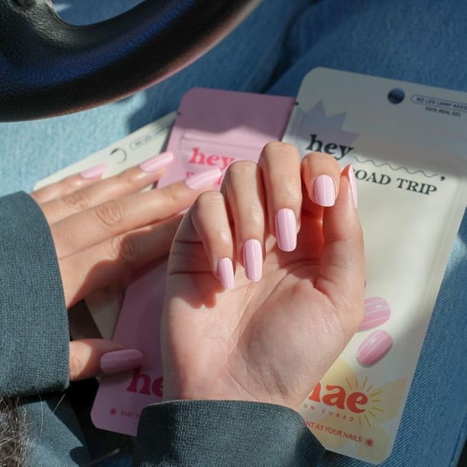 Heyhae Semi Cured Gel Nail Strips | No LED Lamp Needed |Pink, Valentines | Easy Apply & Remove, Salon Quality | Includes 28 Strips, 1 Prep Pads, Nail File & Wooden Stick - Hey, Pink Road Trip