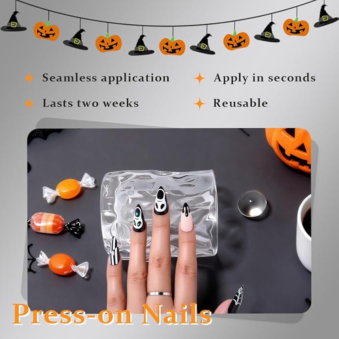 3D Halloween Press on Nails Medium Almond with Horror Design, Medium Almond Artificial Fake Nails with Skull Face 3D Designs, Stick on Soft Gel Full Cover Glossy Stick on Ghost Nail for Women Girls