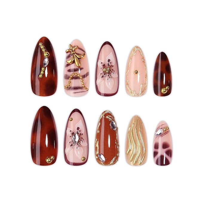 Medium Press on Nails Almond Fake Nails Brown False Nails,Flowers Artificial Nail with Gold Brown Leopard Charm Designs Fall Autumn Handmade Nail 3D Floral Stick on Nails for Women,24pcs