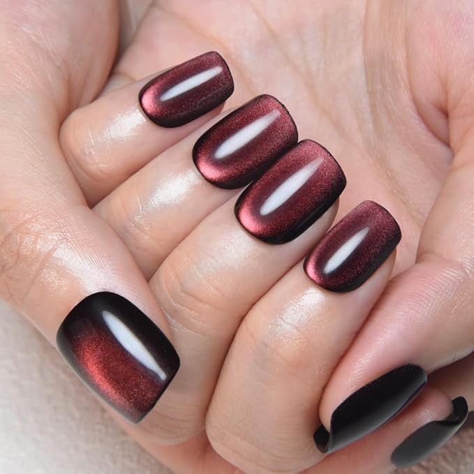 evpct Wine Red Cat Eye Extra Short Press on Nails Square, Petite Short Square Stick on Nails for Women Gift, Black Wine Red Metallic Glitter Glossy Reusable Gel Press on Acrylic Fake Nail with Designs