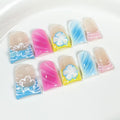 Blue French Press on Nails Medium Duck Nails with Glue,Handmade False Nails 5D Lines and Flower Art Design Muti-Layer Gel Thick False Nails Handmade Nail for Women (Size S)