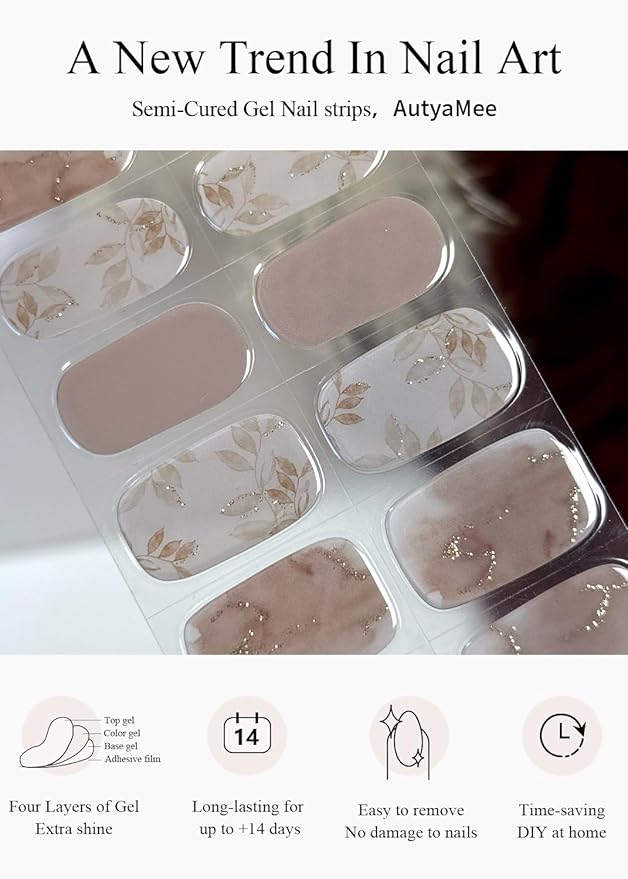 Semi Cured Gel Nail Strips (Taupe Maple Leaf), 20 Pcs Gel Nail Wraps, Stickers, Salon Quality, Works With Any UV Lamps
