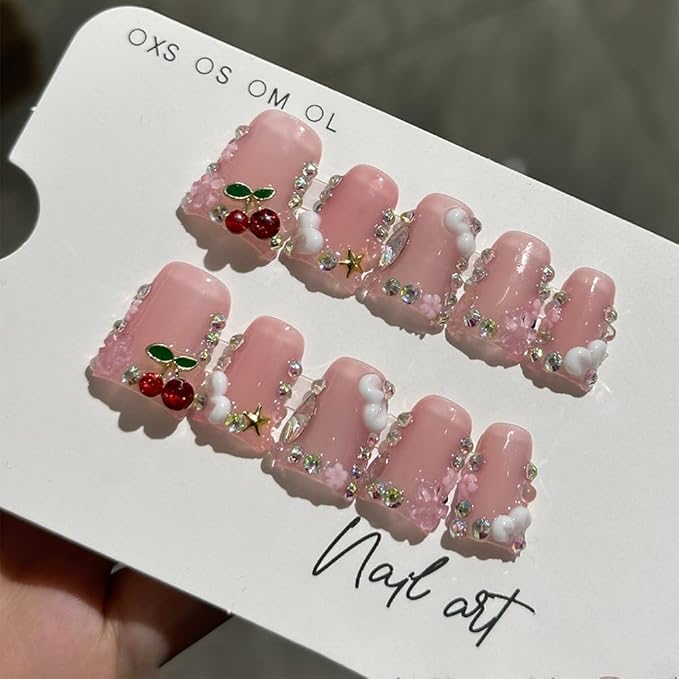 10Pcs Duck-shaped Handmade Press On Nails | French Style with 3D Floral & Rhinestone Decor | Easy to Apply, Remove & Reusable, Salon - Quality (25103, S)