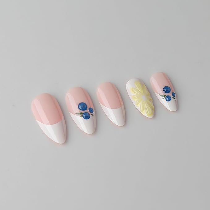 3D Blueberry Flowers Press On Nails Almond Medium, 3D Pattern Designer Reusable Acrylic Nails Press Ons, Fake Nails With Glue On, Daily Wear Floral False Nails For Women
