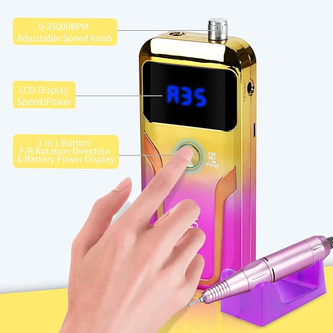 Portable Nail Drill Professional 35000 RPM, MOCOWIND Rechargeable Electric Nail File Machine E File for Acrylic Gel Polishing Removing, Cordless E-File with Bits Kit for Manicure Salon Home