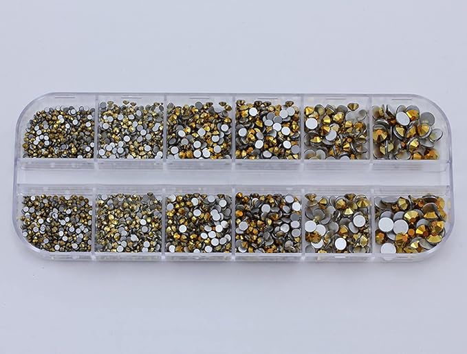 Over 2100 Pieces Gold Plated Flat Back Glass Rhinestones Crystals for Nail Art Kit 6 Sizes (1.4mm - 4.8mm)
