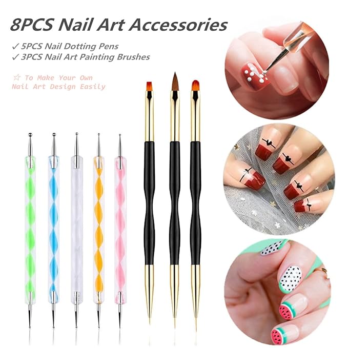 5PCS Dotting Pens with 3 PCS Nail Painting Brushes, Double Ended Brush and Dotting Tool Kit, Nail Art Design Tools