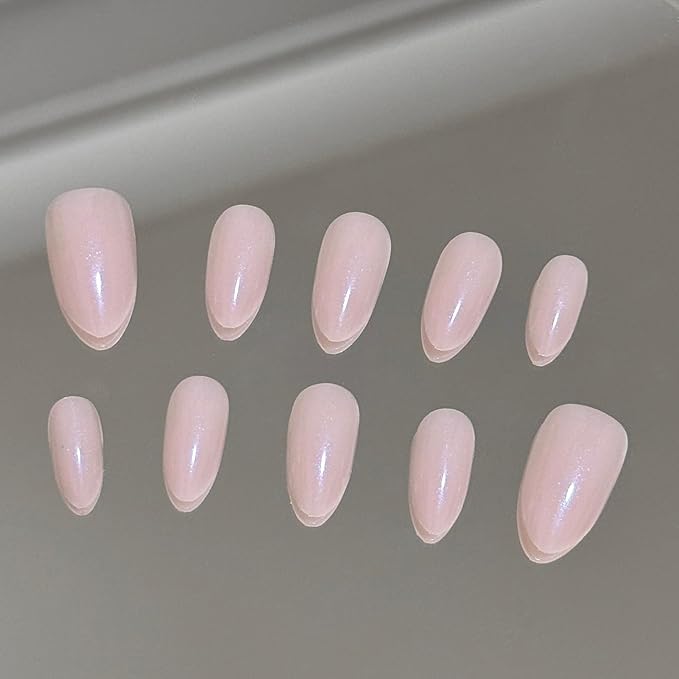 Baby Pink Press On Nails - Petite Oval Short Style with Sheer Sparkle Finish, Soft Glitter Fake Nails for Everyday & Bridal Wear (Cotton Candy Shimmer & Rose Quartz Glow)