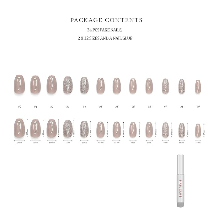 Hypnaughty 24 Pcs Beige Ballerina Press On Nails with Glue Medium Short Length Fake Nails with Glitter Design Glossy Acrylic Press On Nails Full Cover (Beige)