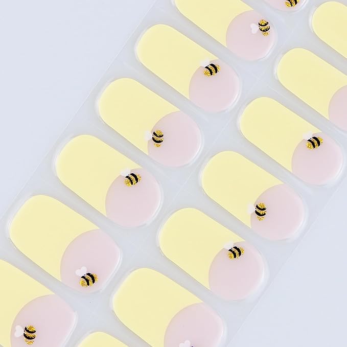 JMEOWIO Gel Nail Stickers Bee Yellow French Tip Semi Cured Gel Nail Strips Wraps UV/LED Nails Art Design Decoration Accessories