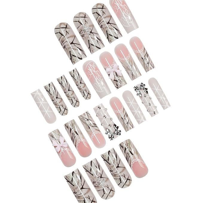 Square Press on Nails Extra Long Fake Nails French Tip Ombre Acrylic False Nails with Charms Bow Designs Long Glue on Nail Marble Artificial Nails Glossy Stick on Nail for Women