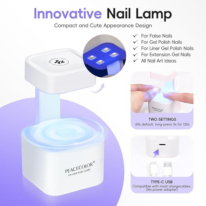 PEACECOLOR Gel Nail Kit, 240Pcs Short Medium Almond Nail Tips with U V Light 2PC Jelly Gel Polish Nail Glue Top Coat Stickers Rhinestones Easy Extension Set DIY Salon Gifts for Women