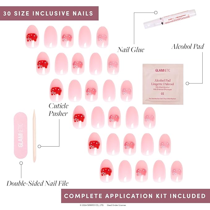 Glamnetic x Hello Kitty® and Friends Press On Nails - Hello Kitty® | Short Oval Red Graphic Fake Nails in a Velvet Finish | 15 Sizes - 30 Nail Kit with Glue