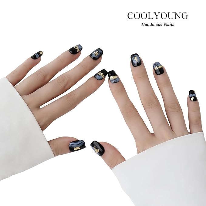 Handmade Press on Nails Short Square Black Nails for Women Acrylic Press On Nails Fake Nails With Designs Gifts For Women Thick COOLYOUNG False Nails, 10 PCS, Size L