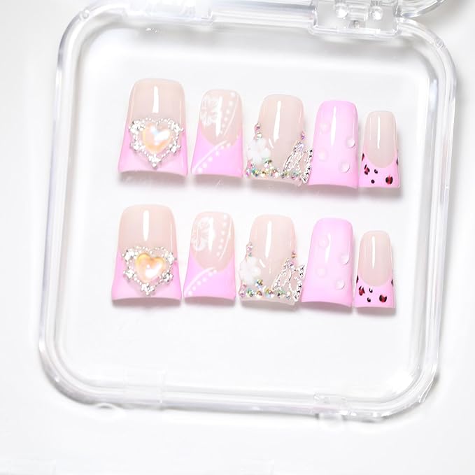 10Pcs Duck-shaped Handmade Press On Nails | French Style with 3D Floral & Rhinestone Decor | Easy to Apply, Remove & Reusable, Salon - Quality (251201, S)
