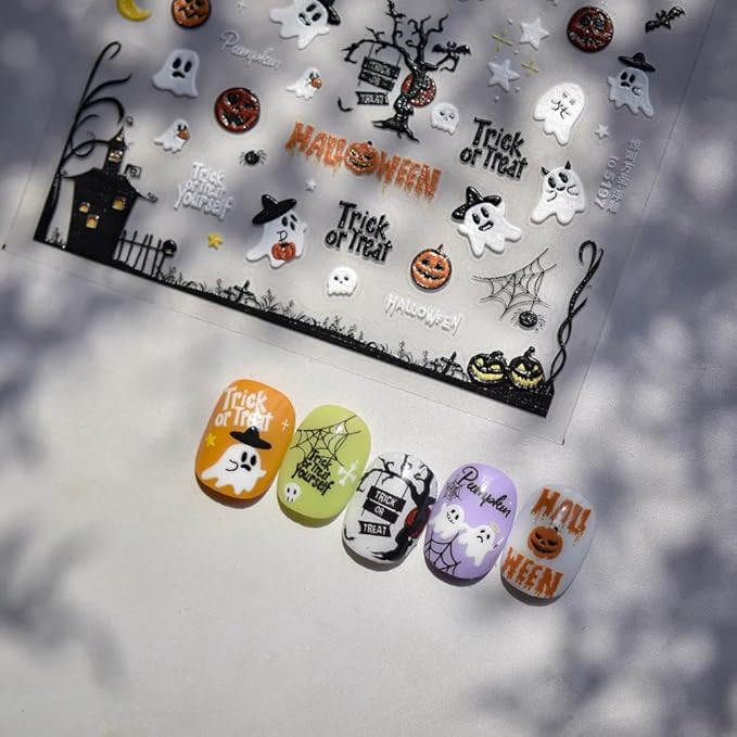 Halloween Nail Stickers 3D Self-Adhesive Cute Ghost Haunted House Nail Art Stickers Pumpkin Spider Web Nail Decals Moon Star Nail Designs Holiday Nail Art Decoration for Women Girls Manicure 1 Sheet