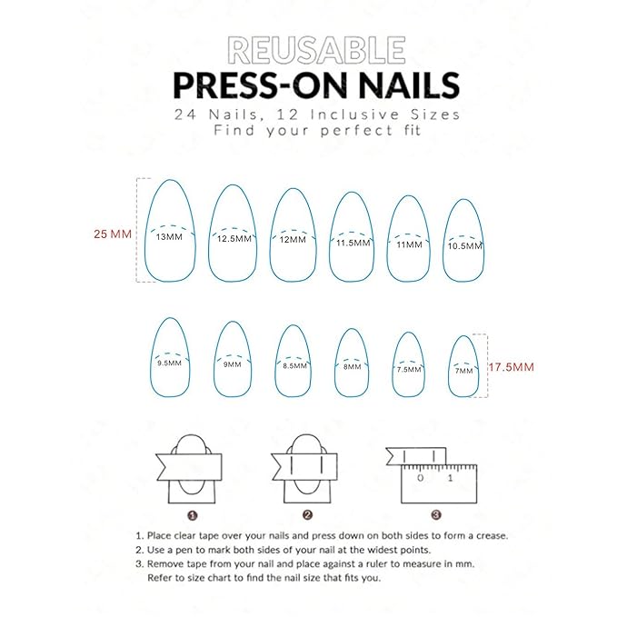 Black French Tip Press On Nails Almond Medium Length, Reusable 24 Piece Handmade False Nails with Wear Resistant Sealer