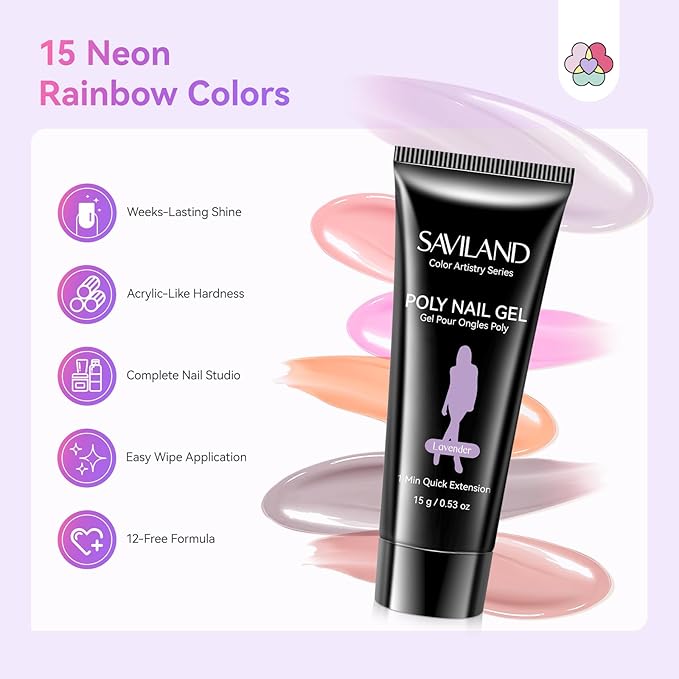 SAVILAND Hema-Free Poly Gel Nail Kit Starter: 15 Poly Gel Nail Colors for 28 Day Long-Lasting, All-in-1 Poly Nail Gel Kit with Slip Solution U V Lamp, Suitable for Trendy Nail Art Home Salon Daily DIY