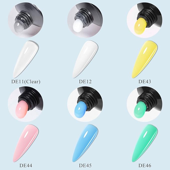 MTSSII 13Pcs Poly Gel Nail Kit Light Yellow Green Sky Blue Pink Gel Extension Nail Starter Kit with Slip Solution, Mini Nail Lamp, Nail File, Dual-Ended Brush for Women Girls at Home DIY 6 Colors