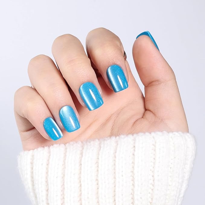 Blue Cat Eye Press On Nails - Short Square Press on Nails Ocean Blue Nails Press Ons for Women, Reusable Glossy Fake Nails Kit with Glue DIY Nails Short in 15 Sizes - 30pcs, Ocean Teal