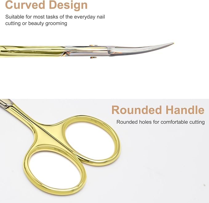 CGBE Manicure Scissors, Extra Fine Eyebrow Scissors for Grooming, Curved Blade Nail Scissors Precise Pointed Tip Grooming Kit for Eyebrow, Eyelash, Trim Nail and Dry Skin, Gold