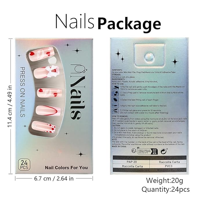 Medium Press on Nails Square - Pink Fake Nails with Bow Heart Design - French Tip Full Cover Stick on False Nails - for Women 24 Pcs
