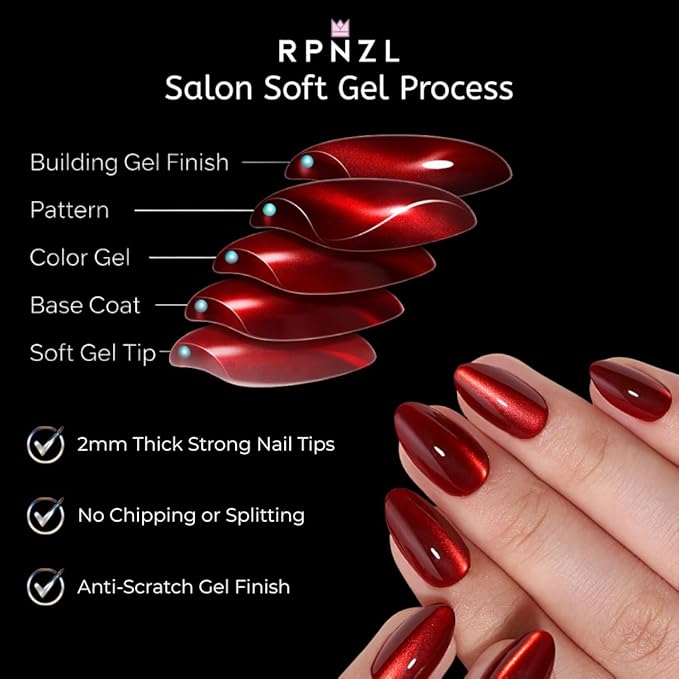 Press On Nails - Siren | Red Cat Eye, UV Finish Almond Nails, Salon Quality | 32 Nails, 16 Sizes Kit with Glue and Adhesive Tabs I Female Founded - Beauty, Self Care