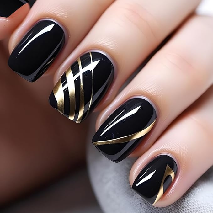 Press On Nails: Medium Square Dark Black False Nails with Gold Line Design, Glossy Full Cover Stick On Acrylic Artificial Nails for Women's Manicure, 24Pcs