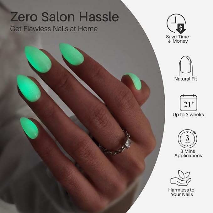 Pastel Beige Press on Nails Almond - SHANGMENG Glow in The Dark Short Nails for Women, Seamless Fit & Glossy Soft Gel Glue On Nails in 16 Sizes - 32 Fake Nails Kit with Glue, Enchanted Lumen