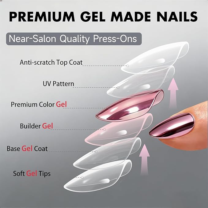 Chrome Press on Nails Short Almond, Metallic Baby Pink Fake Nails with a Sparkle Mirror Finish, Glitter Glue on Nails for Women Birthday Party, Thick Quality Soft Gel Nail Press ons 30 Pcs