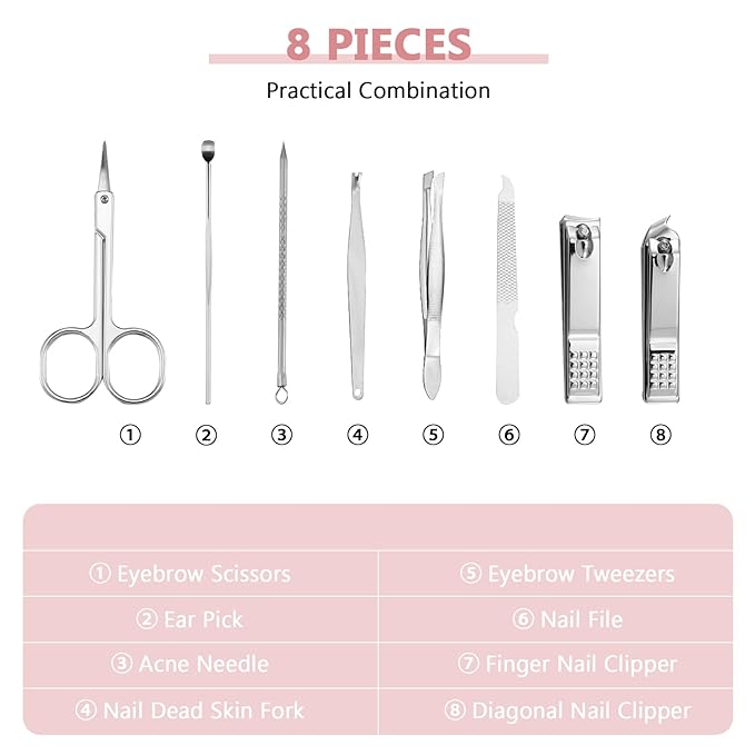 Geosar 12 Sets Manicure Set Nail Clippers Pedicure Kit 8 in 1 Grooming Stainless Steel Kits Nail Care Tools with Travel Case for Employee Coworker Teachers Nurse Gifts(Glitter Pink)