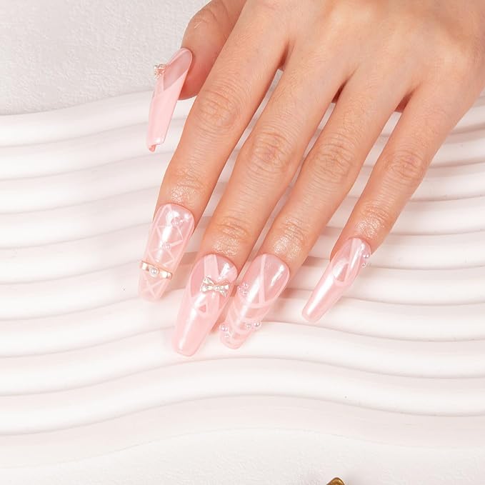 LOVFUL Press on Nails Tiptoe Ballet | Handmade with Full Covered Crystals | Reusable Full Cover Nails | Coffin Classic Regular 1.3 in | H291-S