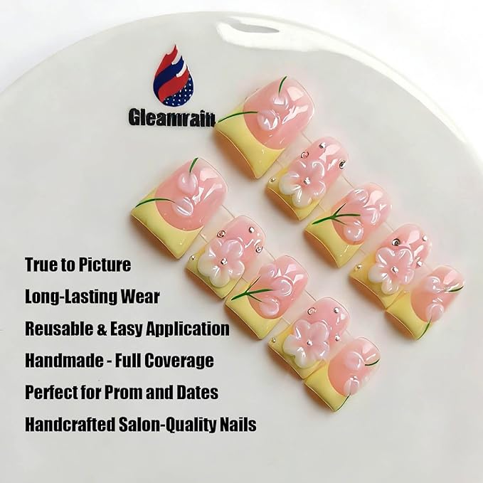 Pink Press on Nails Handmade Duck Glue on Nails Yellow French Tip with 3d Flower Design Elegant for Women for Spring 10pcs M Size Pattern 1105