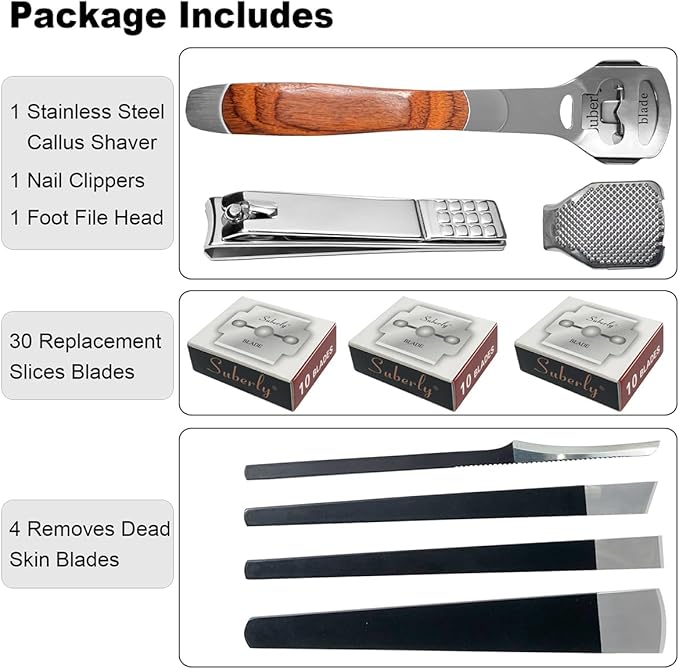 37 Pcs Callus Shaver for Feet Set (1 Foot Razor for Callus Removal & 4 Pedicure Knife & 1 File Heads & 1 Nail Clippers & 30 Replacement Slices Blades) Foot Callus Shaver