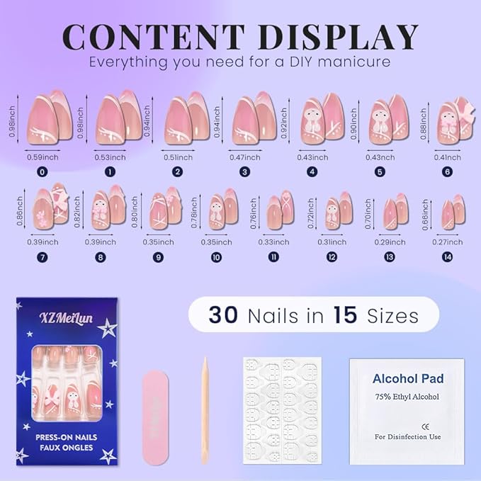 Pink Cute Bunny Teens Press On Nails Medium Almond Fake Nails for Girls With 3D Flower Bow Tie. French Tip Acrylic False Nails. Salon Quality Reusable Nails for Women Gift. 15Size - 30Pcs