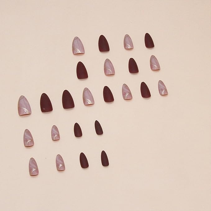 Almond Press on Nails Medium Fake Nails with Designs Marble Texture False Nails Press ons Reddish Brown Matte Glue on Nail Acrylic Full Cover Nail Artificial Stick on Nails for Women 24PCS