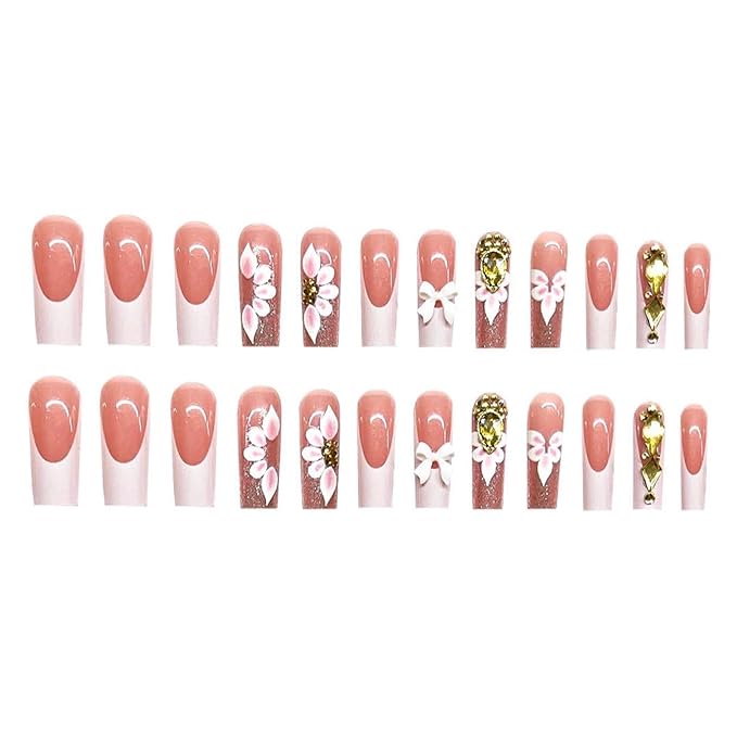 48Pcs Square Press on Nails Medium & Press on Toenails Set, French Tip Fake Nails with White Bow Flowers Designs Short Press on Toe Nails Full Cover Glue on Nails for Women Manicure Kit