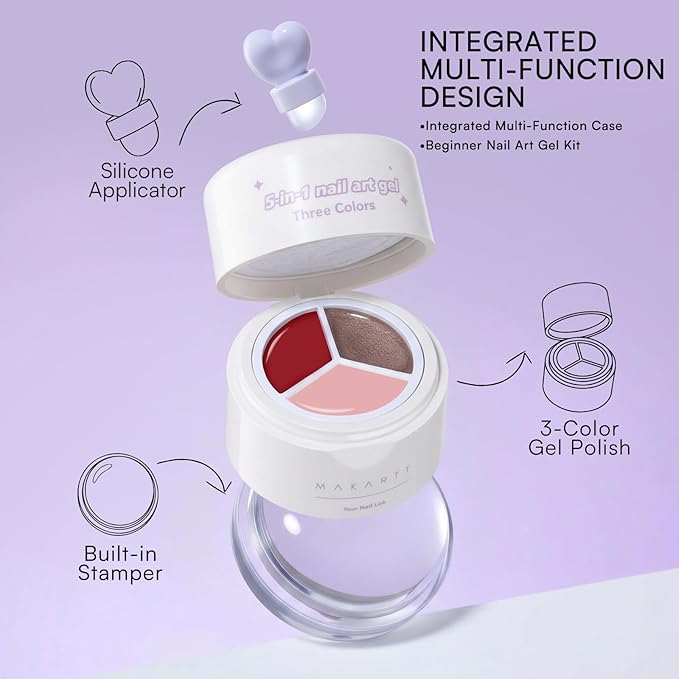 Makartt 5-in-1 Nail Art Gel: ColorPot 3 Colors Gel Nail Polish No Wipe with Nail Stamp for Stamping, French Tips, Ombre, Painting, 3d Micro-Sculpting with Silicone Head for Diy Nails at Home Salon