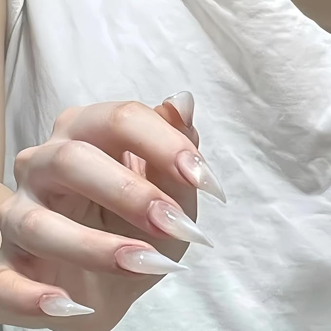 Press on Nails Medium Curved Stiletto Handmade Eagle Claw Unique Reusable Fake Nails Dragon Claw False Nails with Designs Cat Claw Glossy Glue on Nail Thick Acrylic Nail (Translucent White,L)