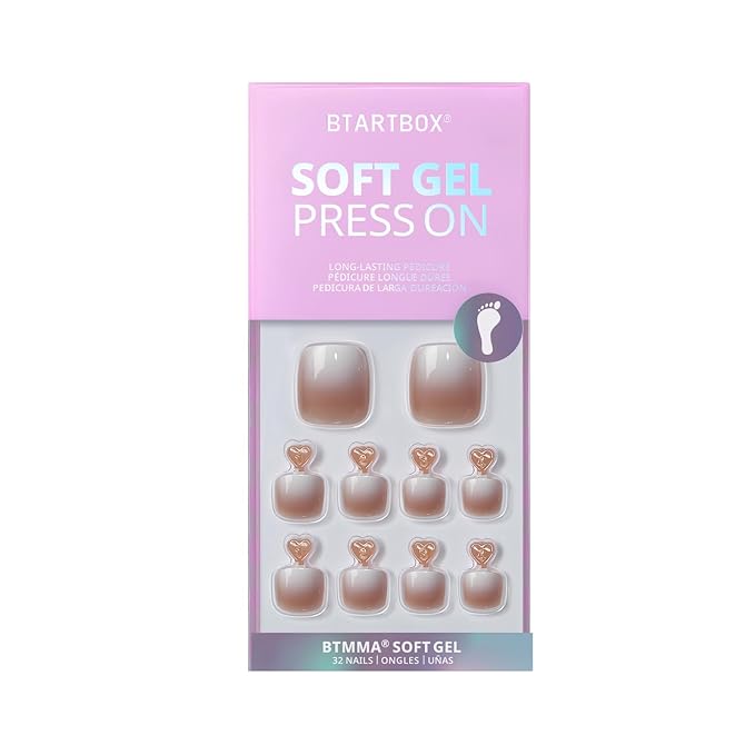 BTArtbox Toe Nails Press On Short, Brown Ombre Press On Toenails Square for Women, Squoval Press on Toe Nails with Glue, Fake Toenails in 16 Sizes- 32 Toenails Kit, Baby Boomer Brown