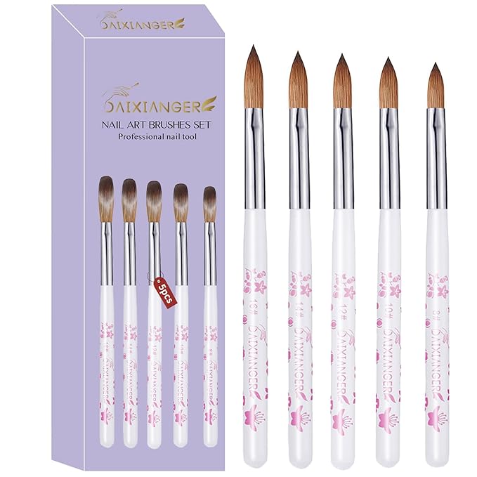 5Pcs Flower Acrylic Nail Brush Set, Size 8/10/12/14/16, Professional Nail Brushes for Acrylic Application Powder & Nail Extension, 3D Nail Carving Tools for DIY Home Salon Manicure-White