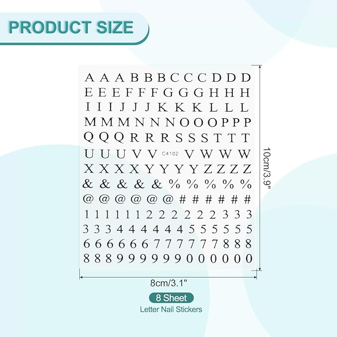 PATIKIL Letter Nail Stickers, 8 Sheet 3D Self-Adhesive English Letter Nail Decal Small Alphabet Art Sticker Metallic Fluorescence Design Manicure for Women DIY Decor, Black