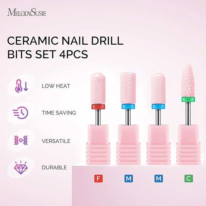MelodySusie Ceramic Nail Drill Bits Set, 3/32'' (2.35mm) Professional Acrylic Nail File Drill Bit for Manicure Pedicure Cuticle Gel Nail Polishing, 4Pcs, Pink