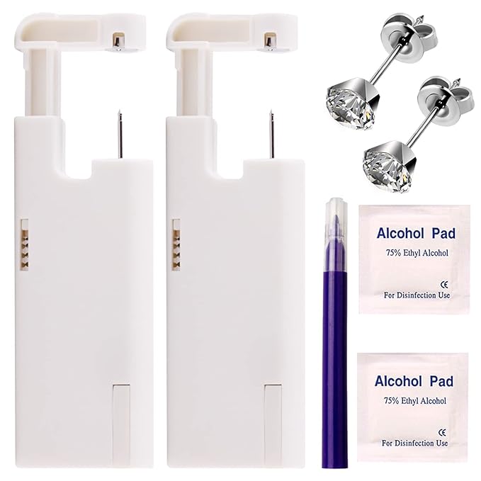 KAIQIKAIXI 2Pcs Ear Piercing Kit Automatic And Painless Ear Nail Gun Disposable Aseptic Household Ear Piercing Gun Portable Ear Piercing Gun Group Ear Piercing Tools (5mm, Silver)