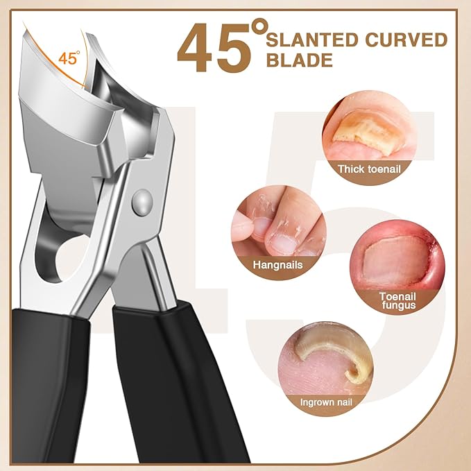 Eagle Beak Angled Nail Clippers for Thick & Ingrown Toenails, 45° Slanted Toe Nail Clippers with Precision Powder-Forged Blades, 12mm Wide Jaw Opening Nail Cutter Anti-Splash for Seniors Men Women